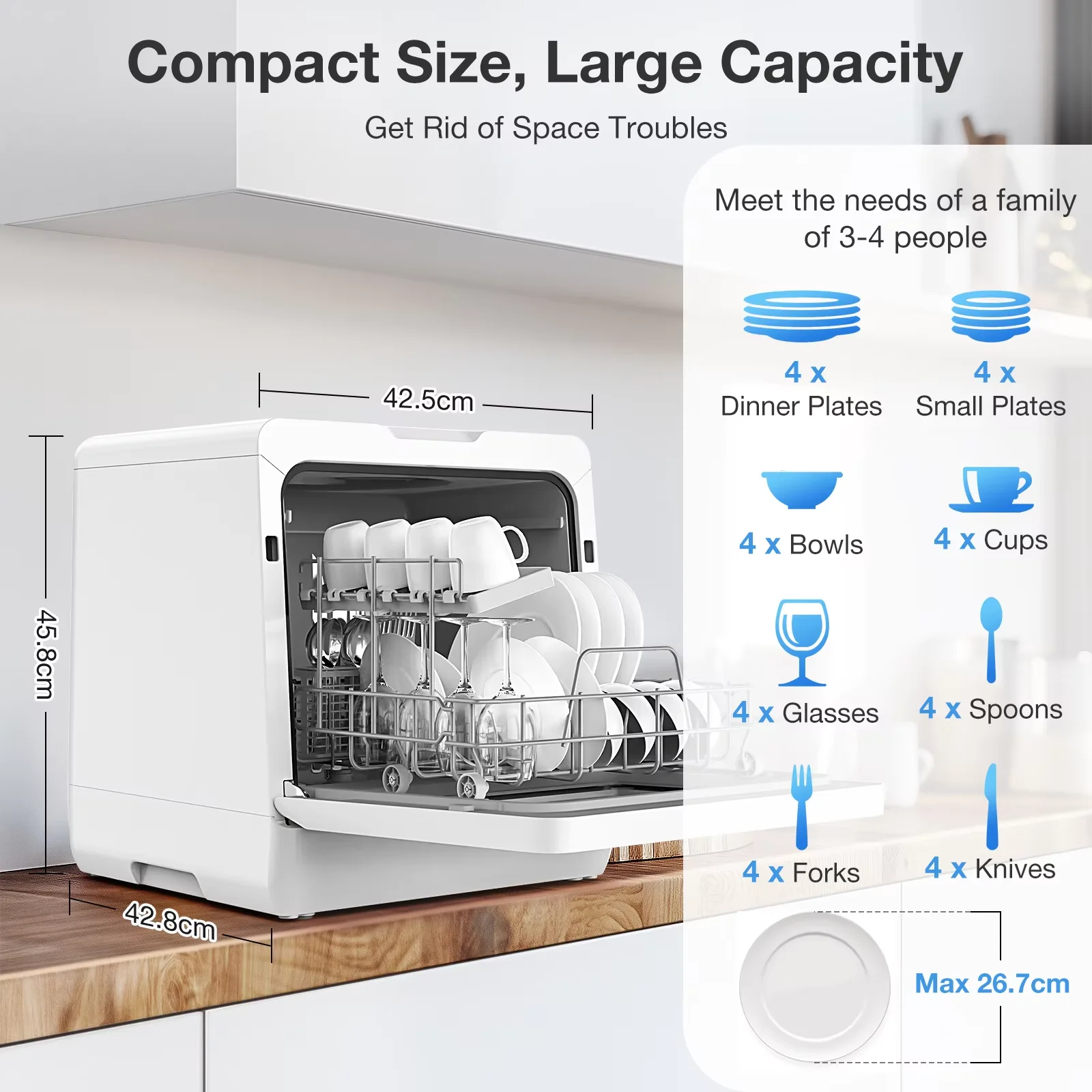 BLITZHOME BH-4-CDW Kompakter intelligenter Arbeitsplatten-Geschirrspüler, APP-Steuerung, 8 Programme, 3D 360 °   Doppelspray mit integriertem 5-Liter-Wassertank