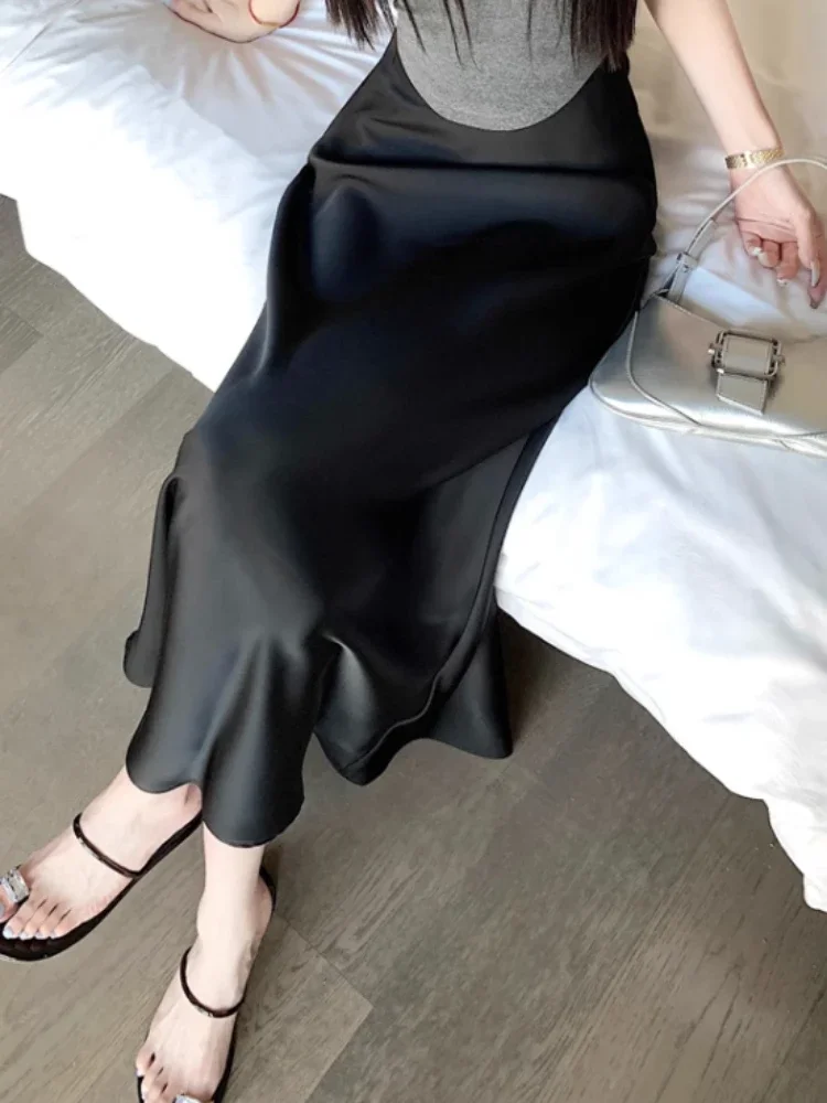 女性用シルクサテンロングスカート,ハイウエスト衣類,韓国ファッション,シャンパンカラー,ブラック,サマーコレクション2020