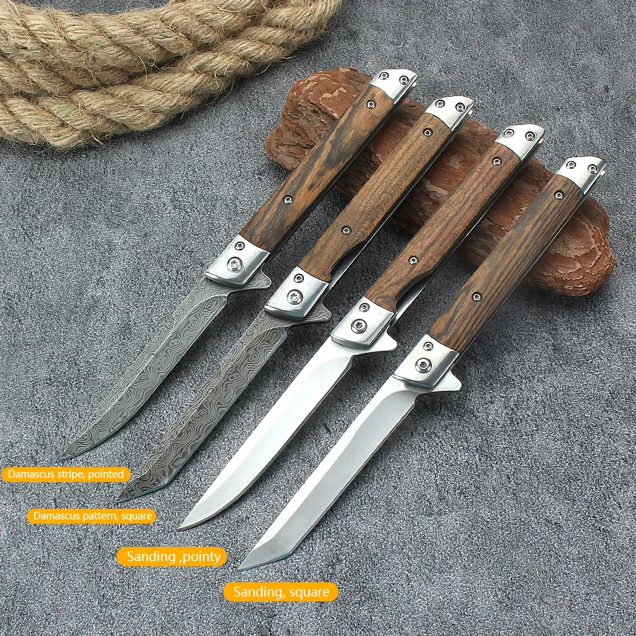 Coltello tascabile portatile Damasco Coltello da sopravvivenza Coltello pieghevole Coltello tattico esterno Coltello da campeggio di sopravvivenza Manico in legno
