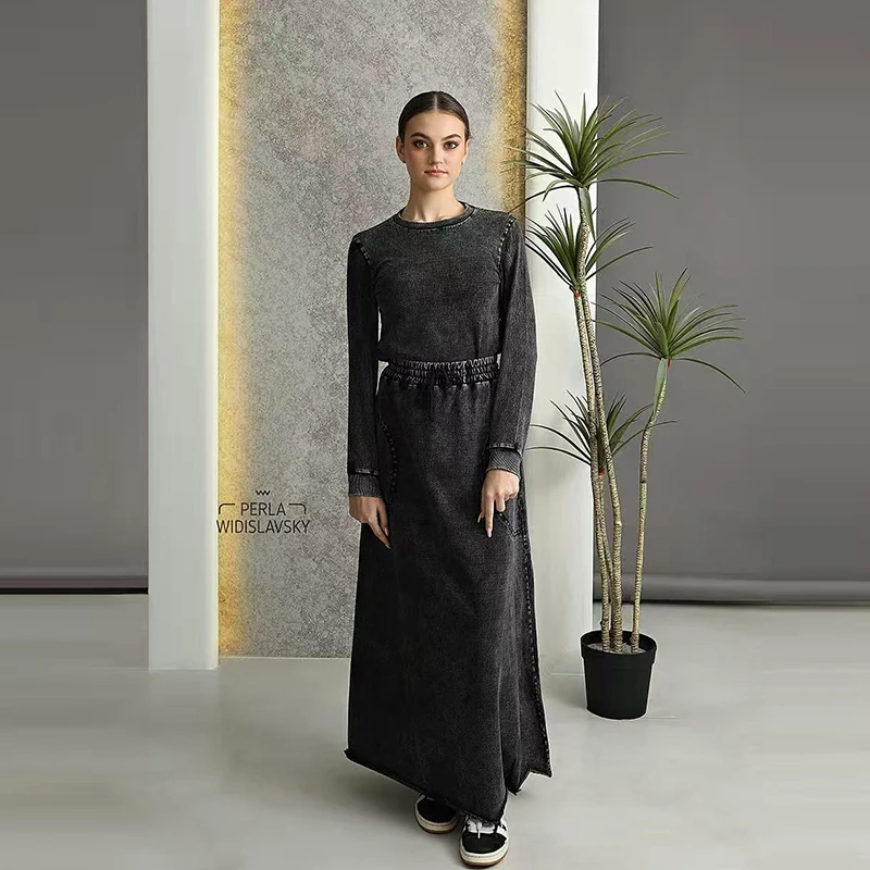 Fall season denim black women lady clothes maxi waisted skirt and long sleeves top set raw edges girl skirt with pockets