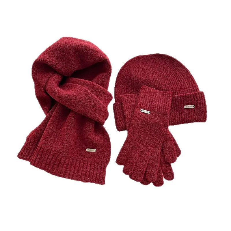 Knitted Hat, Scarf, And Gloves Three-Piece Set, Solid Color Wool, Autumn And Winter Warm Versatile Pure Color