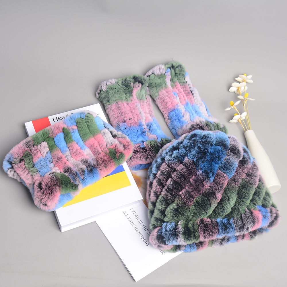 Frauen Winter Stricken Elastizität Echte Rex Kaninchen Pelz Hut Schal Handschuhe Sets Natürliche Warme Rex Kaninchen Pelz Kappe Schals Fäustlinge 3 stück