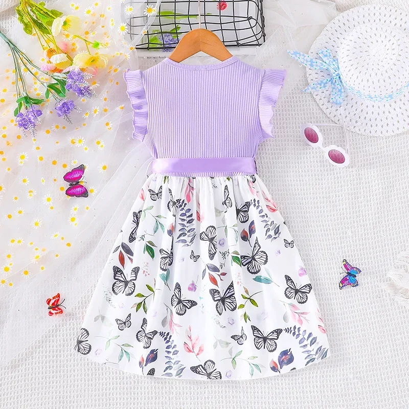 ชุดสําหรับเด็กผู้หญิง 3-7 ปี Ruffled แขนผีเสื้อดอกไม้ Tulle น่ารักเจ้าหญิงอย่างเป็นทางการกับเข็มขัด Ootd สําหรับเด็กผู้หญิง