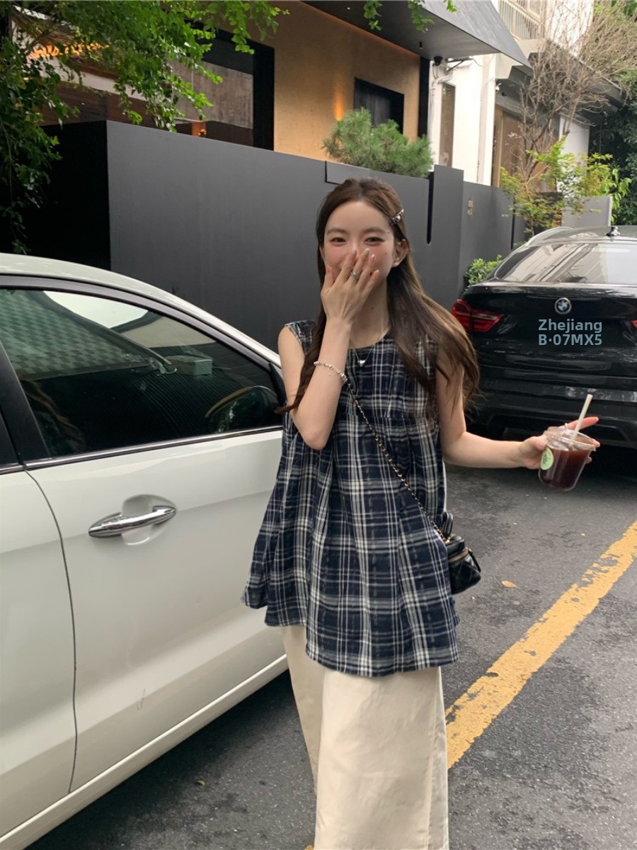 Csa Fena Xadrez Verão 2024 Solta Doce e Versátil Sem Mangas Estilo Francês Gola Redonda Csa Vestido Midi