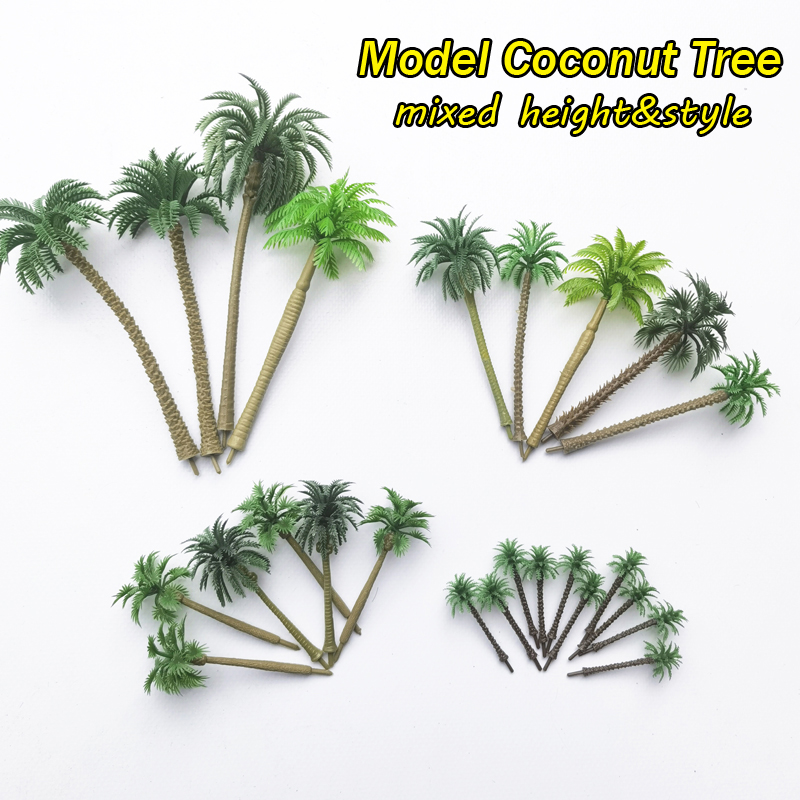 Modelo de coco misto palmeira, praia, beira-mar, layout de paisagem, trem, ferrovia, paisagem, mini diorama, 5-20pcs, 4-17cm