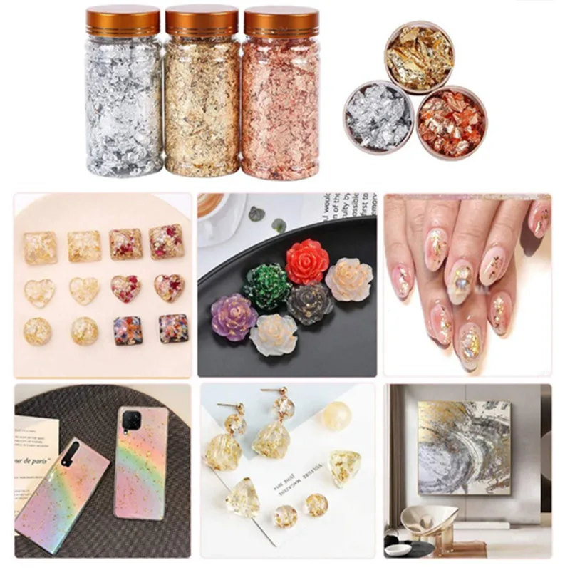 Goldene silbrige Folie, dekoratives Papier, Harzform, Füllungen, Harz, Schmuckherstellung, metallische Folienflocken für Nagelkunst, Malerei, Handwerk