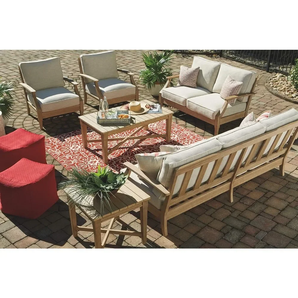 Outdoor Sofa,Clare View Coastal Outdoor Patio Eucalyptus Sofa with Cushions, Beige35"D X 81"W X 37"H,Outdoor Sofa