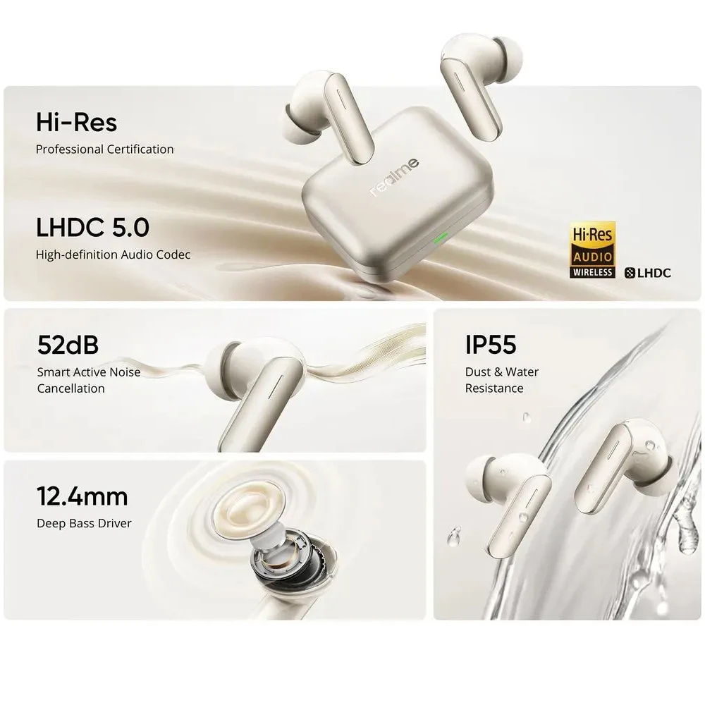 Global Version realme Buds Air 7 52dB Smart Active Noise Cancellation 12.4mm Deep Bass Driver Bluetooth5.4 360 ° Spatial Audio Effect IP55 oortelefoon