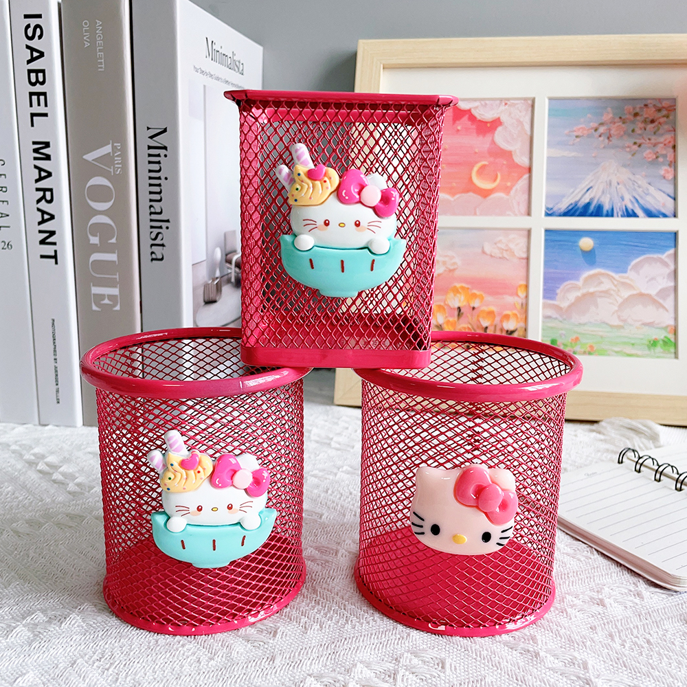 Sanrio Series Cute Hello Kitty Fashion Pen Holder Desktop Decorations Anime Fans Girl Creative Round Pen Holder