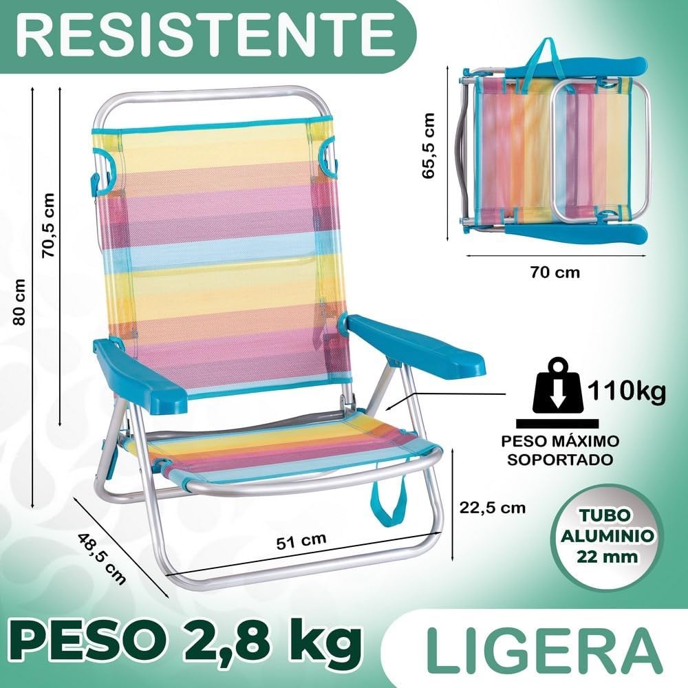 Pack 2 Sillas Playa Plegables |   Ligera Portátil |   Baja y Reclinable de 4 Posiciones |   para Camping, Piscina, Terraza o Jardín (M