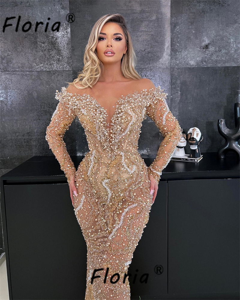 Vestidos de Festa Dubai Perlen Perlen Abend Brautkleid mit Überrock Meerjungfrau formelle Party kleid arabische Frau Roben Soiree