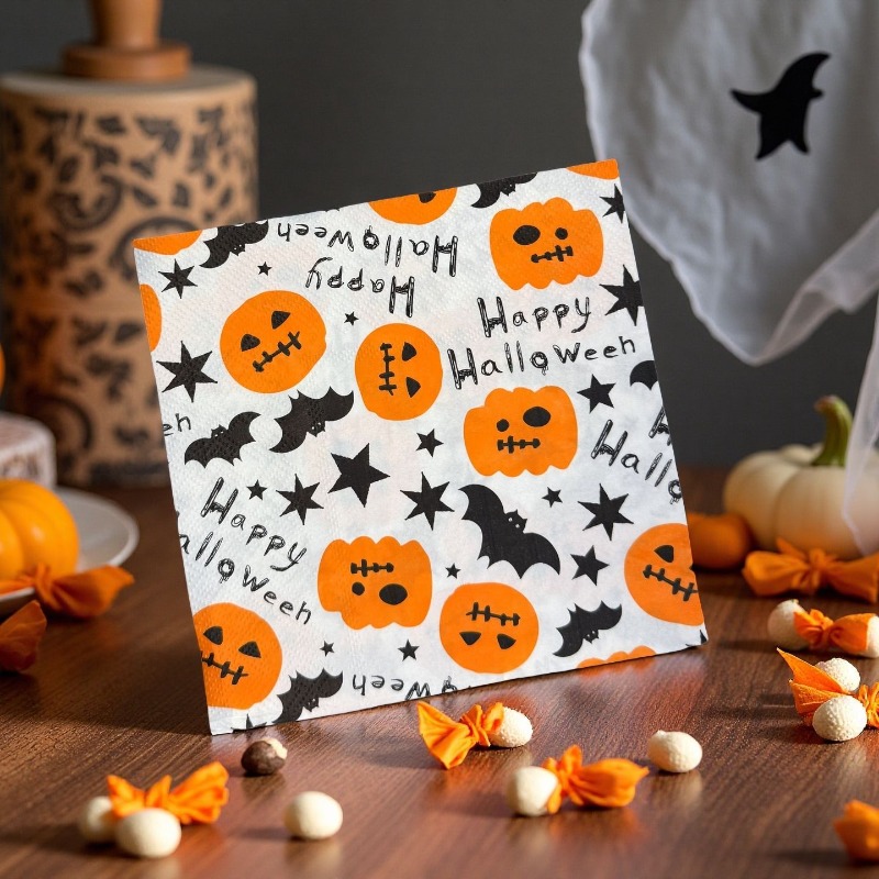 20pcs 33cm 2Layer Full Print Halloween Party Tissue Pumpkin Bat Printed Napkins DIY Decoupage Paper