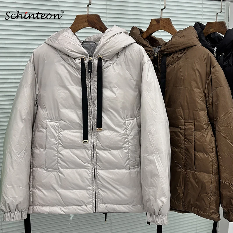 Schinteon feminino 90% pato branco para baixo jaqueta casual solto oversize outono inverno outwear com capuz casaco de alta qualidade 2025 novo