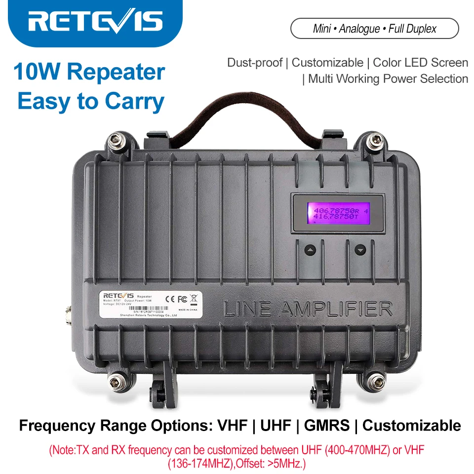 Walkie-Talkie-Repeater, Vollduplex-Funk-Repeater, Mini-Analog-Repeater, anpassbar, RETEVIS RT97, 10 W, UHF (oder VHF)