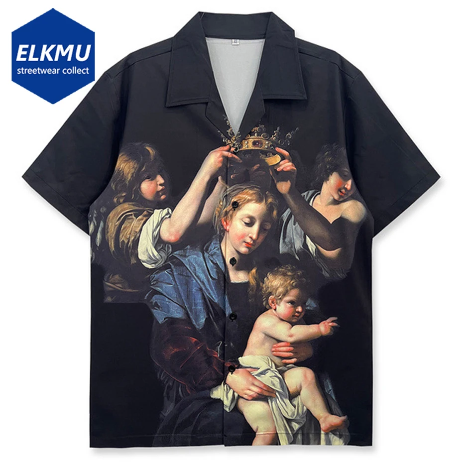 Oil Painting Maria Graphic Shirts Men Streetwear Harajuku Oversized Hip Hop Shirts Summer Loose Casual Shirts Button Up Blouse