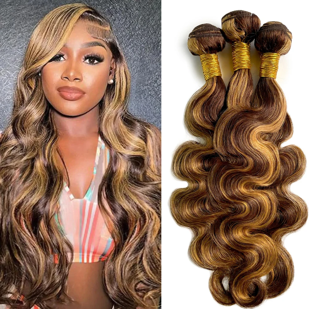 P4/27 Highlight Human Hair Bundles Body Wave Human Hair 18 20 22 นิ้วผมมนุษย์ Body Wave Ombre สีน้ําตาลชุด
