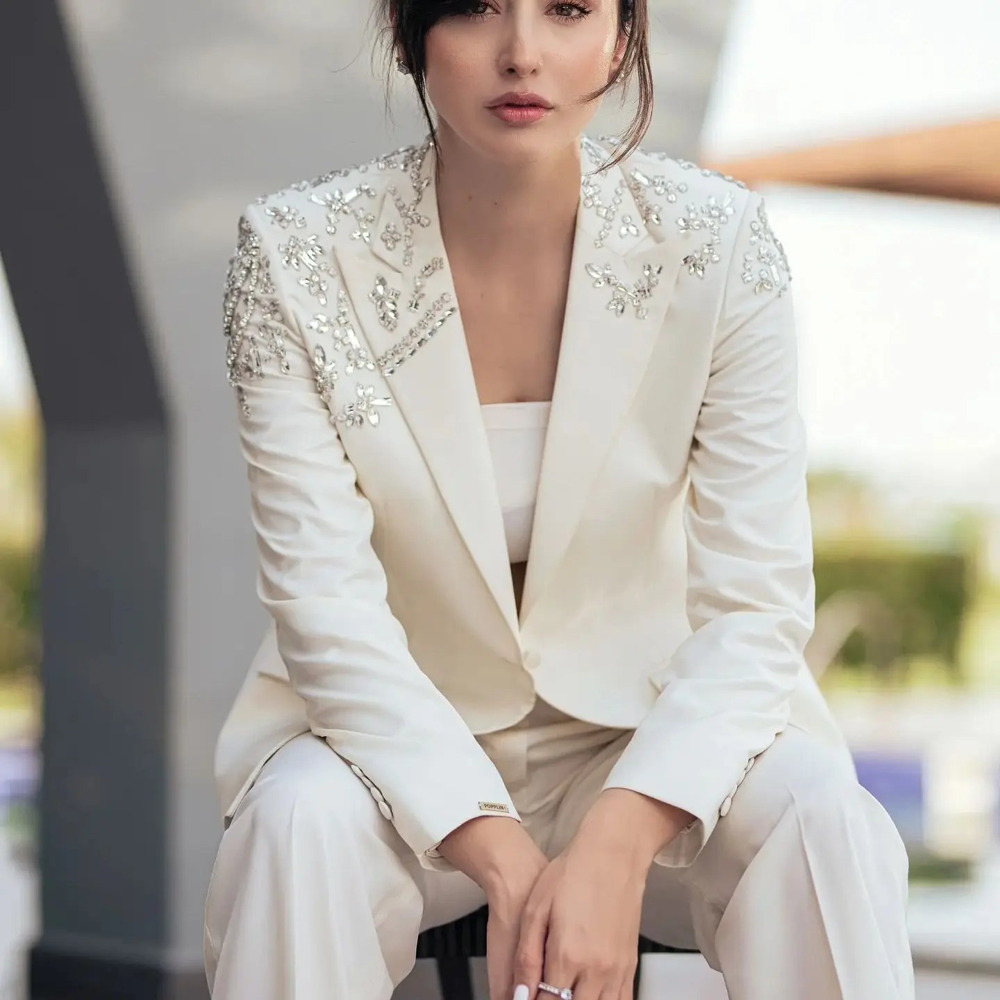 Formale Kleider für Damen, Anzugkleider, elegant, spitzes Revers, Perlenapplikationen, Jacke, Mantel und Hose für Damen, 2-teiliger Anzug, individuell gestaltet