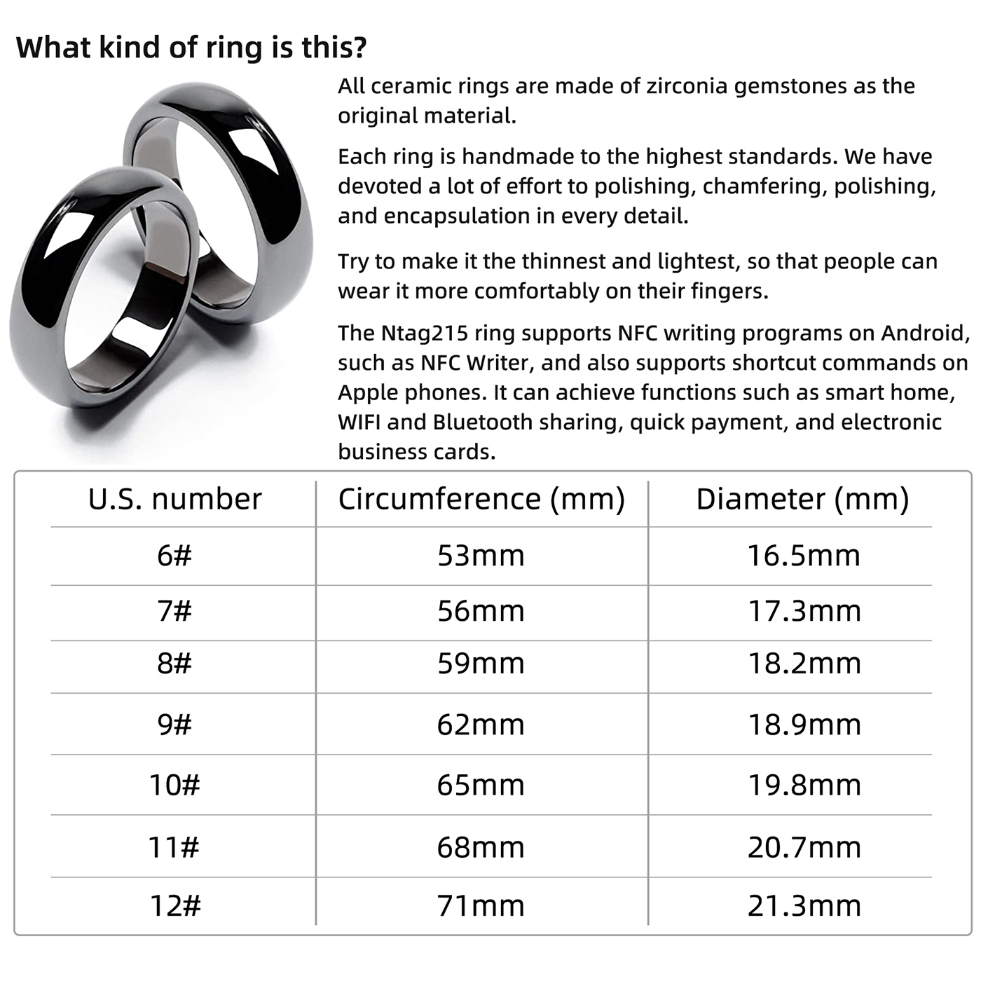 Полностью керамическое интеллектуальное кольцо Ntag215 NFC, совместимое с телефонами и устройствами с поддержкой NFC, программируемыми 504 байтами для бизнес-меток
