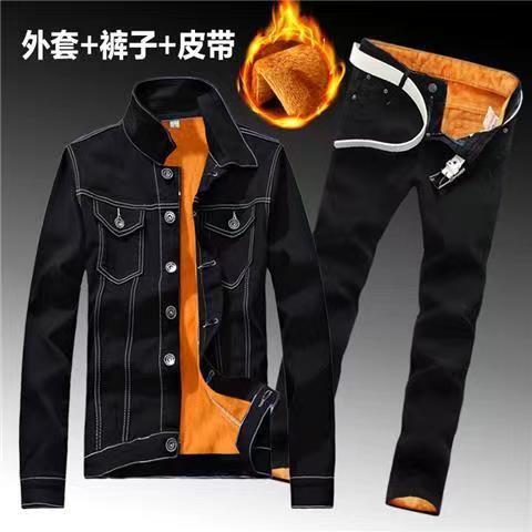 Winter Männer Fleece Futter Dicke Warme Denim Zwei Stück Set Slim Fit Cowbody Jacke Jeans Anzug Cargo Sets