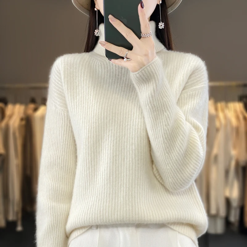 Sweater wanita rajut leher tinggi, atasan wol kasmir 2023, Pullover rajut Mode Korea tebal musim gugur dan musim dingin 100%