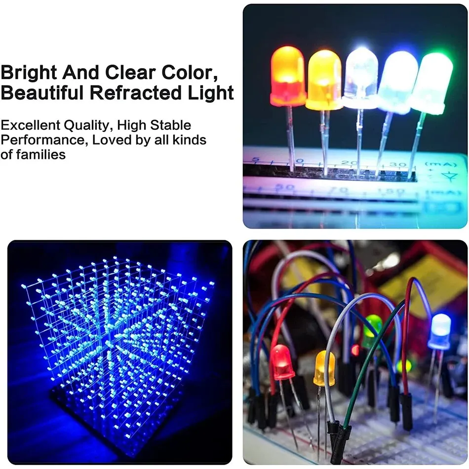 200 ชิ้น Led ไดโอด, 3 มิลลิเมตร 5 มิลลิเมตร Clear LED Light Emitting ไดโอดหลอดไฟ LED สีแดงสีเขียวสีฟ้าสีเหลืองสีขาว, สําหรับการทดลองวิทยาศาสตร์