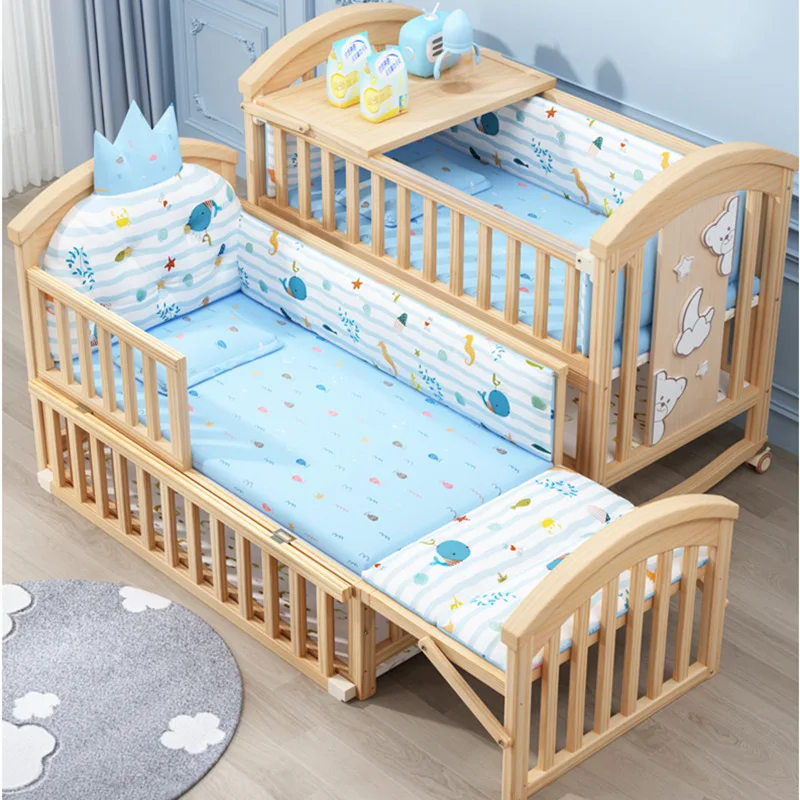 2025Nieuw massief houten babybedje Beweegbaar splitsbed Multifunctioneel babyschommelbed Verstelbare vangrailhoogte met klamboe