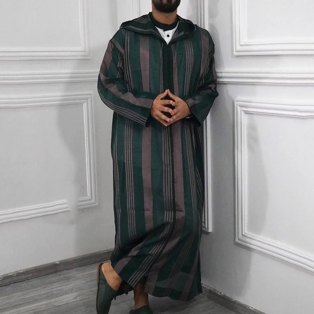 Manto estampado listrado com capuz masculino, roupa casual solta, manga comprida, abaya, Ramadã, Oriente Médio, árabe, Dubai, muçulmano, moda
