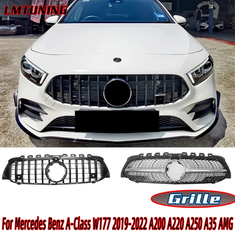 Untuk Mercedes Benz A-class W177 2019-2022 A200 A220 A250 A35 AMG Aksesori Kisi Bumper Depan GTR Hitam Gaya Berlian Krom