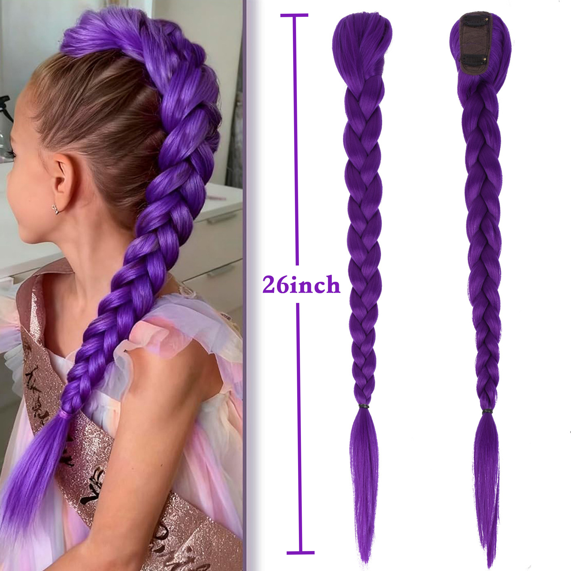 26inch Purple Braid Clip in Ponytail Hair Extension Long Ponytail Synthetic Hairpieces Cosplay for Kids Girl Halloween Christmas