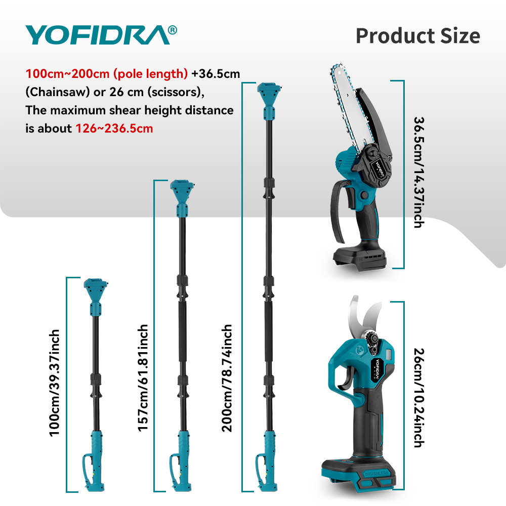 YOFIDRA Brushless Electric Chainsaw Telescoping Pole 3IN1 High Branch Saw Woodworking Pruning Power Tool For Makita Battery Pin