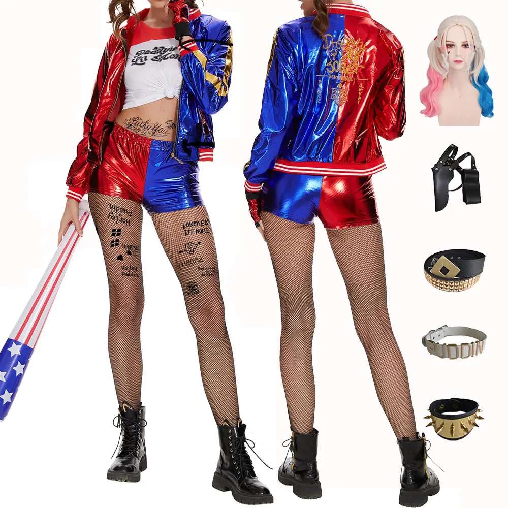 Girls Women Squad Harley Cosplay Costume Quinn Stitched Jacket Shorts Shirt Gloves Party Cosplay Purim Halloween Costume