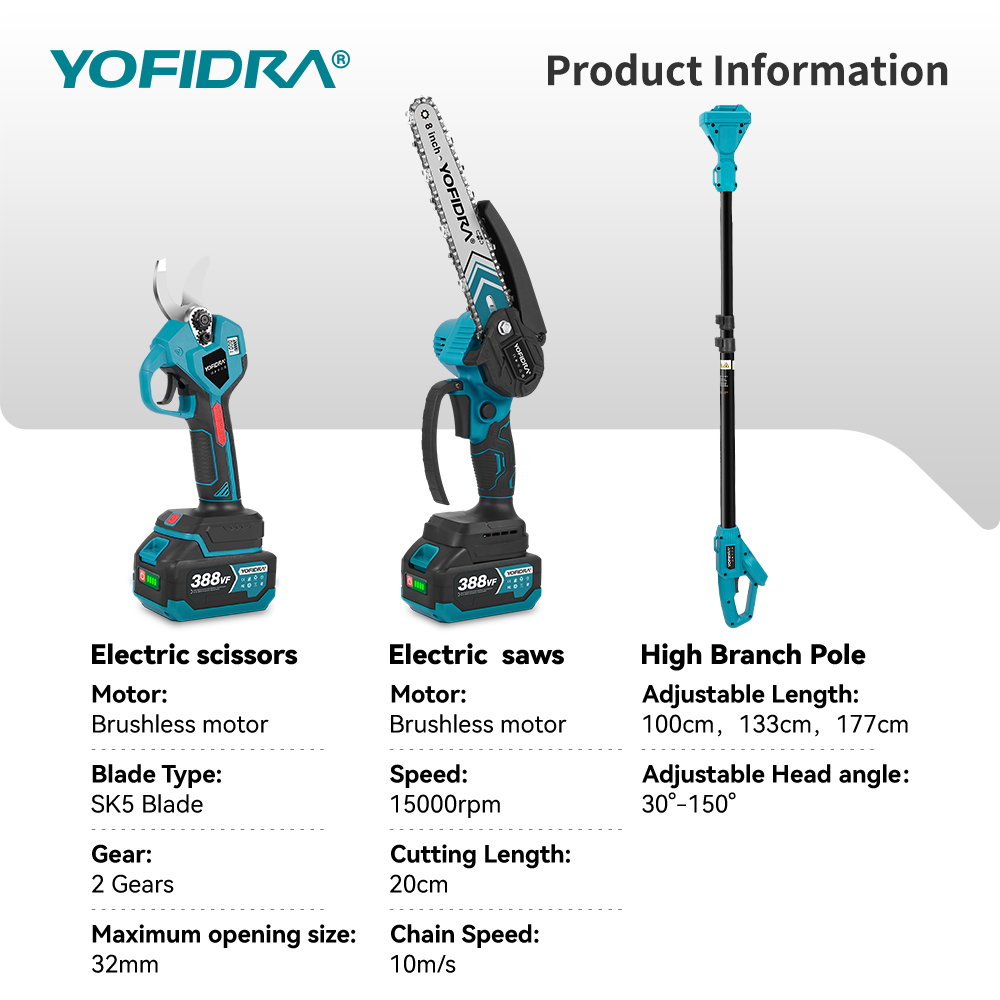 YOFIDRA Brushless Electric Chainsaw Telescoping Pole 3IN1 High Branch Saw Woodworking Pruning Power Tool For Makita Battery Pin