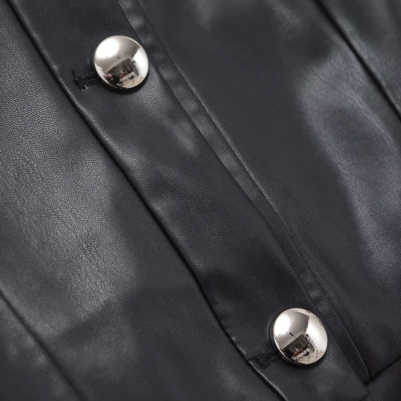 เสื้อโค้ทแฟชั่นสำหรับผู้หญิง, เสื้อโค้ทหนังสังเคราะห์วินเทจคอกลมแขนยาว PU เสื้อคลุมลำลองสำหรับผู้หญิง