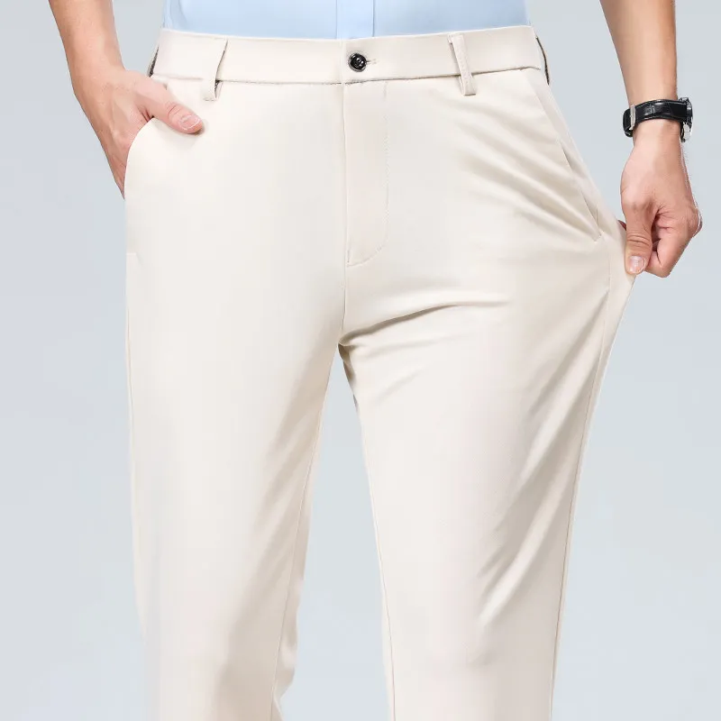 Lente Zomer Stretch Gladde Broek Mannen Klassieke Zakelijke Elastische Taille Broek Dunne Zwart Grijs Blauw Casual Pak Broek Mannelijke Merk