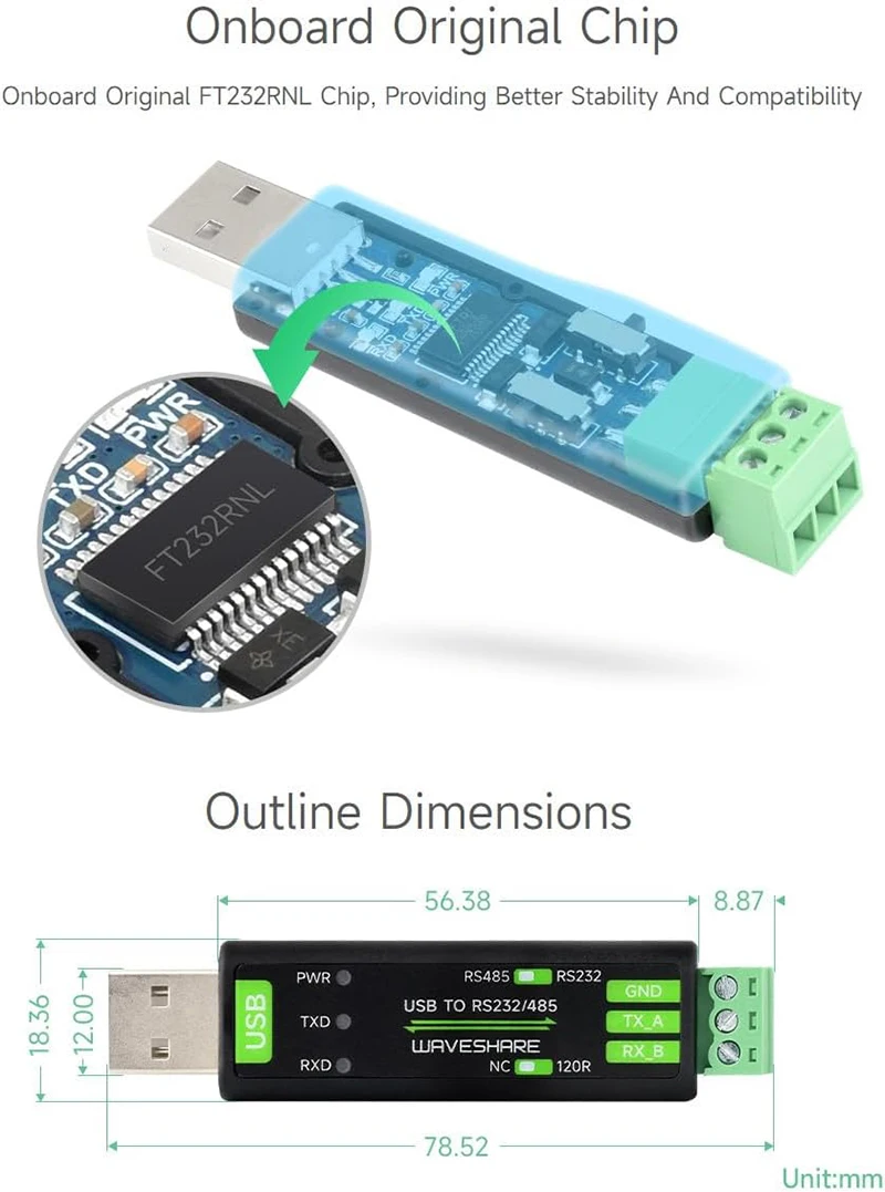 Промышленный преобразователь Waveshare USB в TTL с оригинальной встроенной поддержкой FT232RNL Win7/8/8.1/10/11, Mac, Linux, Android, Wince