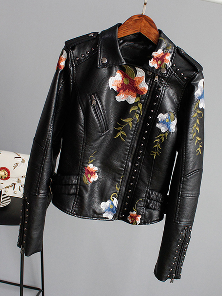 Ly Varey Lin-Veste Brodée en Faux Cuir Souple pour Femme, Manteau de Moto en PU, Punk Noir, Fermeture Éclair, Rivet