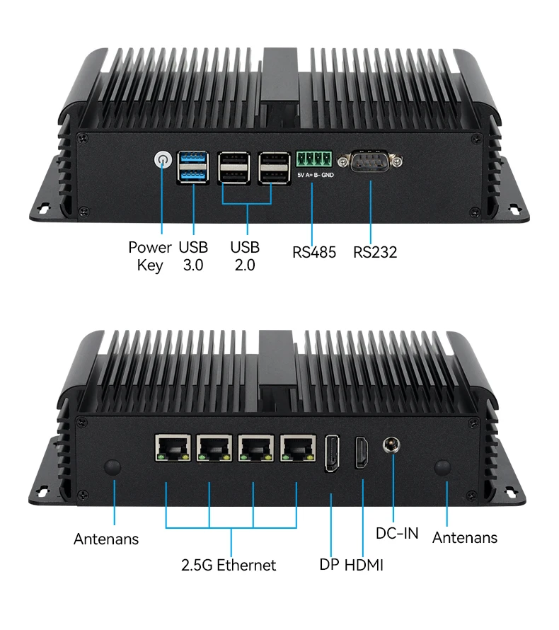 Fanless Industrial Mini PC Intel N100 Processor 4x 2.5G Ethernet Mini-PCIE Expansion WiFi 4G SIM Support Windows Linux Openwrt