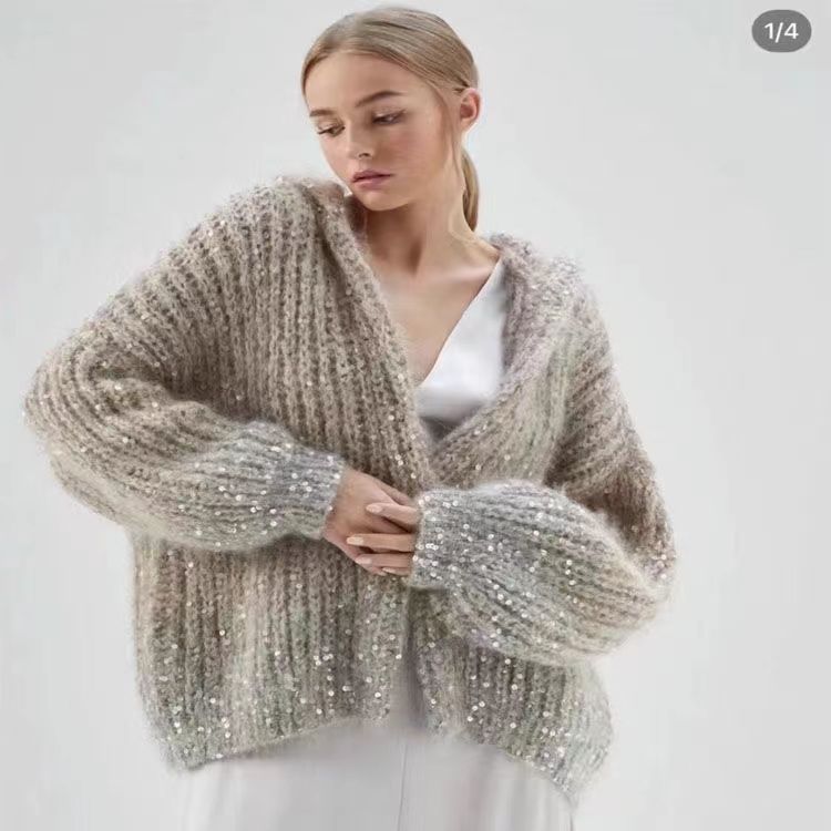 Herbst Winter Maillard Pailletten Strickjacke Jacke Lose Mit Kapuze Gestrickte Pullover Mantel frauen Winter Dicke Wärmer Pullover