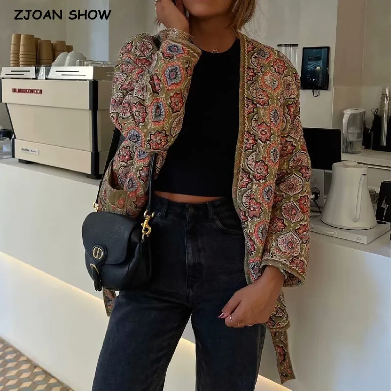 Winter grüne Blume drucken V-Ausschnitt Stepp jacke ethnische Frauen Krawatte Schleife Schärpen Quilten Vollarm Mantel Boho Midi Oberbekleidung