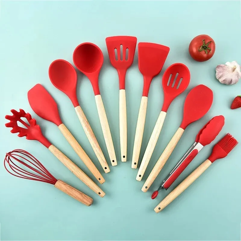 12 ชิ้น/เซ็ตไม้ Handle ซิลิโคนเครื่องครัวพร้อมถังเก็บอุณหภูมิสูงและ Non Stick หม้อไม้พายช้อน
