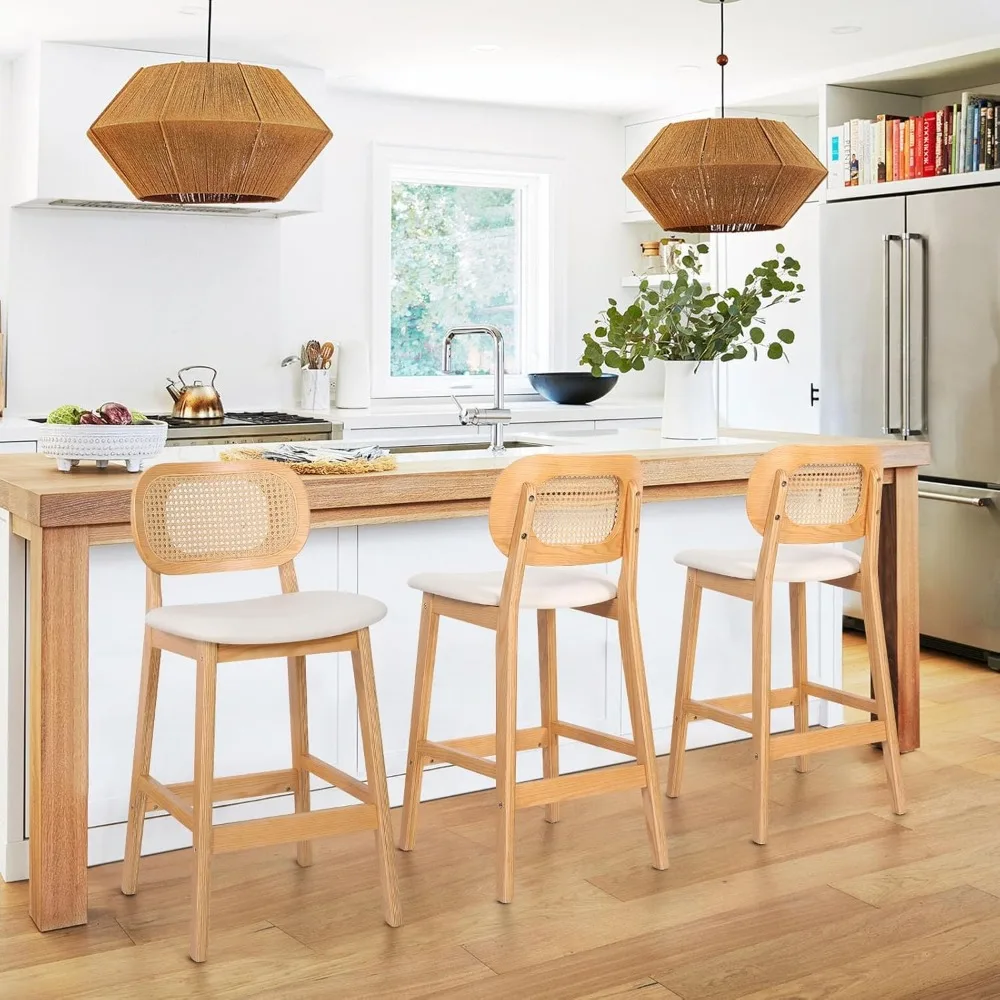 Rattan Bar Stools Set of 3, 25" Mid Century Modern Counter Height Stools, PU Leather Upholstered With Cane Back, Wood Nature