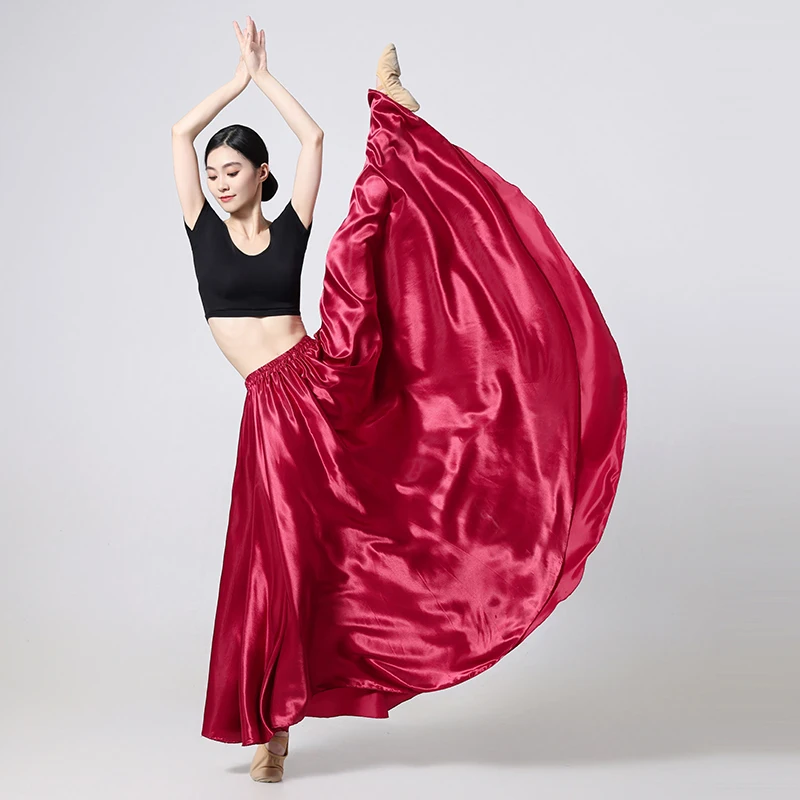 Damska satynowa długa spódnica z elastycznym paskiem do tańca towarzyskiego Latin Belly Dance Full Circle Performance Skirt