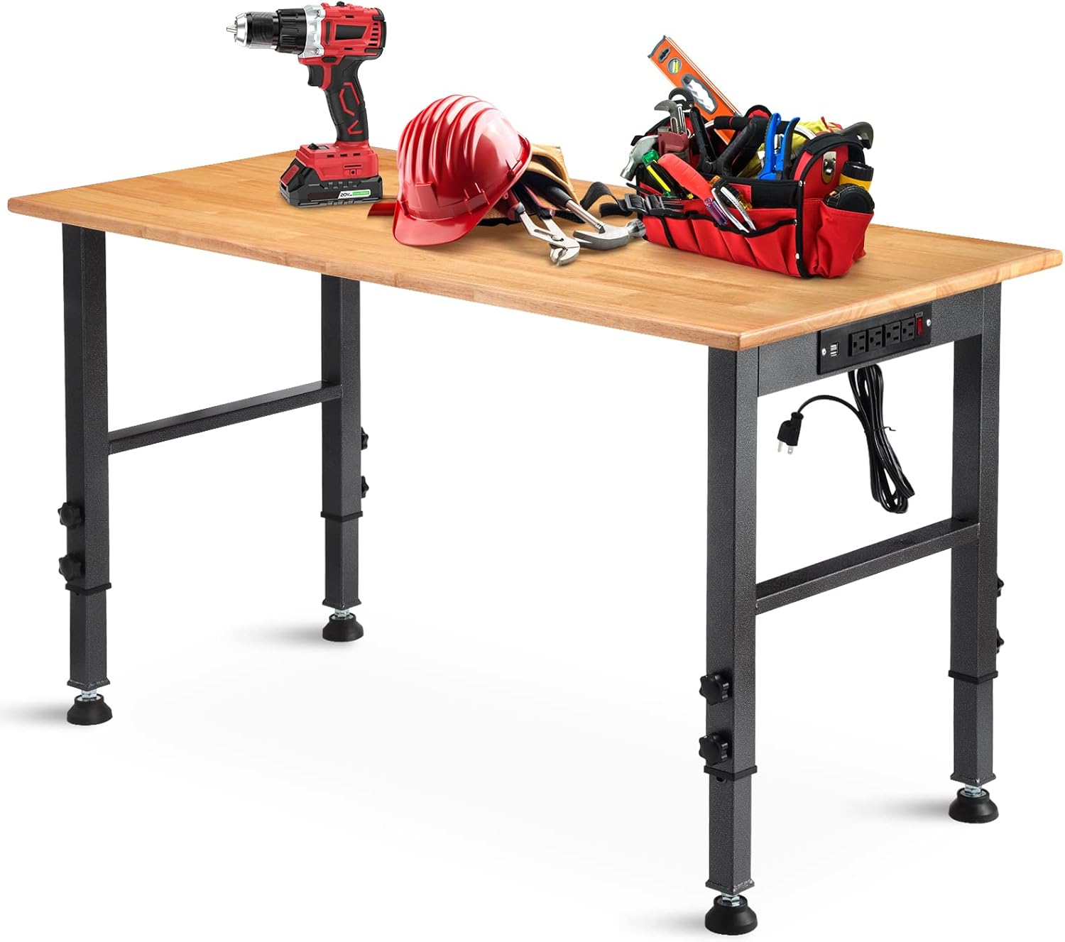 48 "Adjustable with Power Outlet, Heavy Duty 2000 LBS Load Capacity Hardwood Workbench Suitable for Workshop