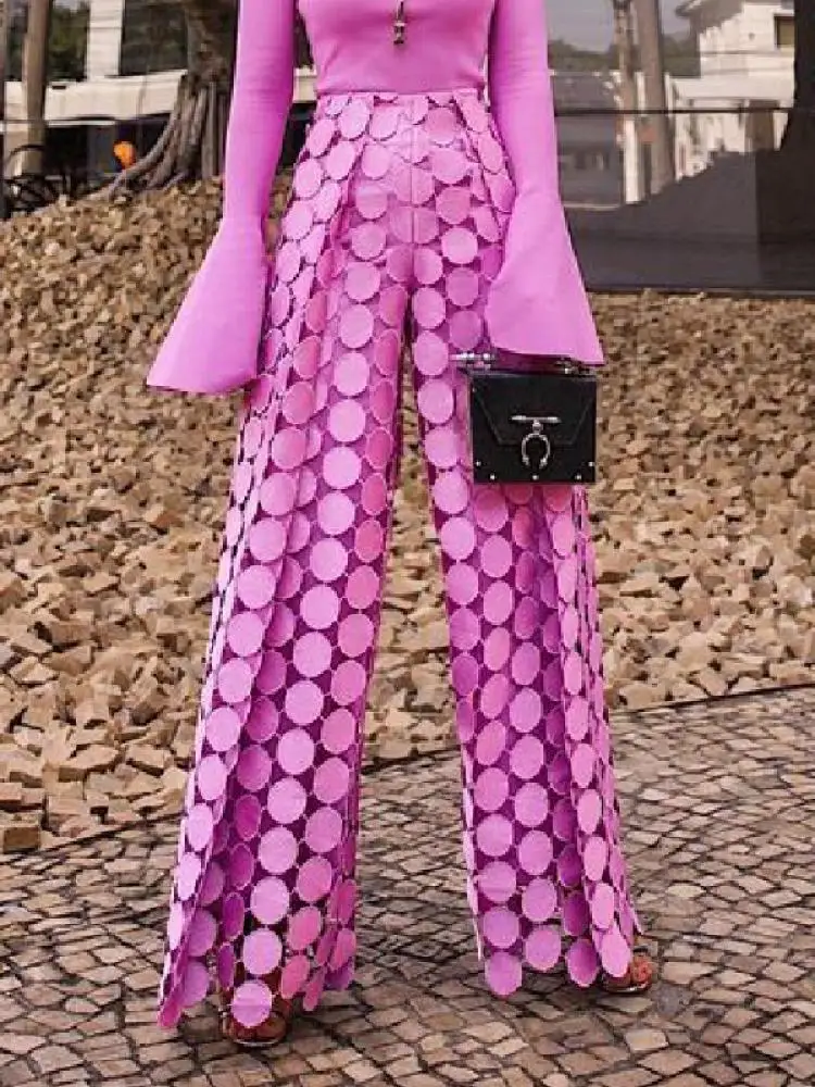 Yeezzi Frauen Mode Hohl Polka Dot Hohe Taille Breite Bein Hosen 2024 Neue Frühling Herbst Einfarbig Kausalen Büro Hosen