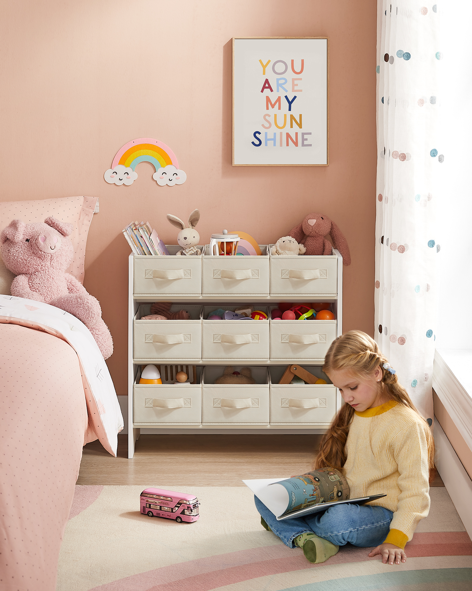 SONGMICS Toy Organiser, Kid Toy Shelf with 9 Non-Woven Fabric Boxes, for Children's Room, Spacious, 29.5 x 62.5 x 60 cm