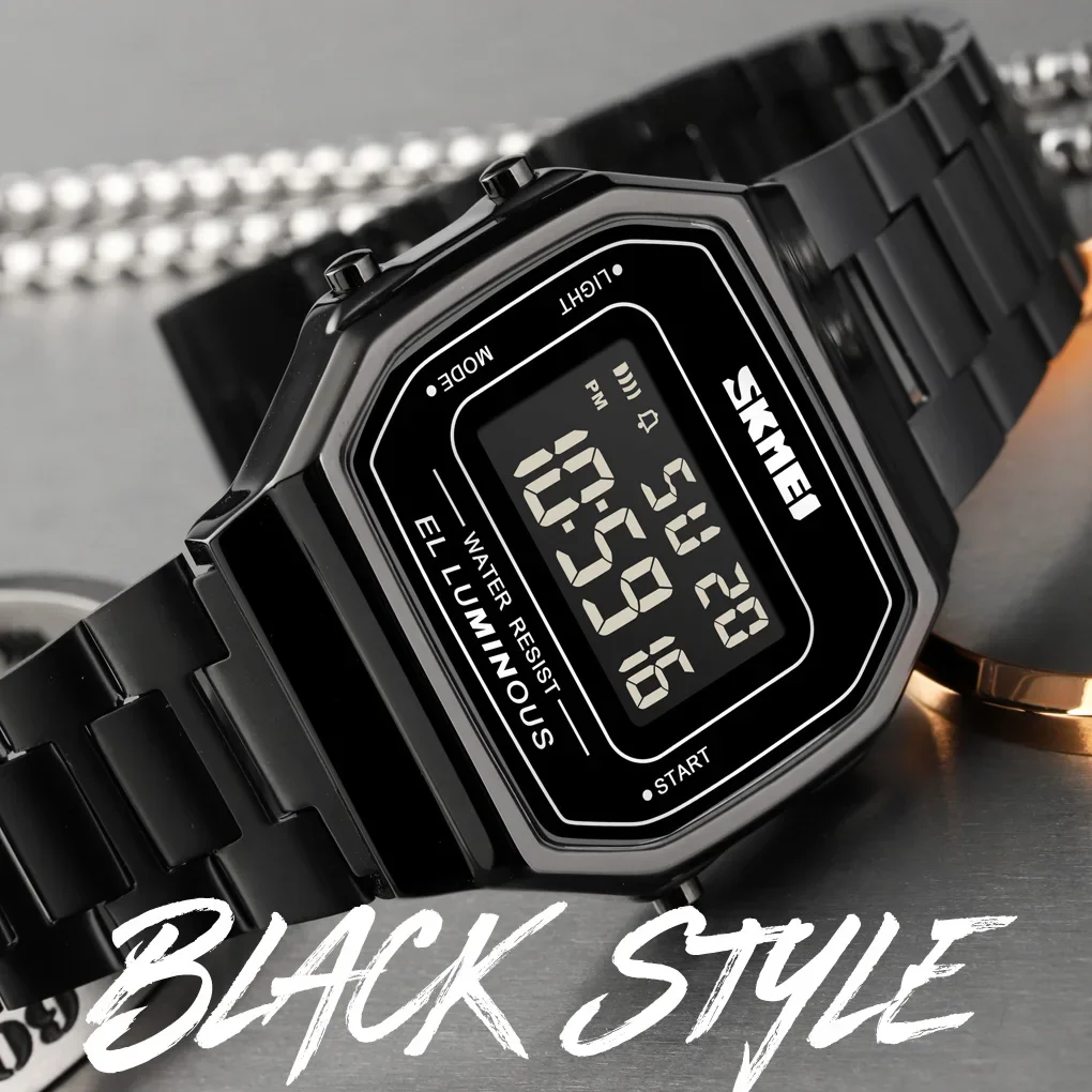 SKMEI-reloj de pulsera de acero inoxidable para hombre, cronógrafo informal Simple, resistente al agua, Retro, LED, Digital, 1647
