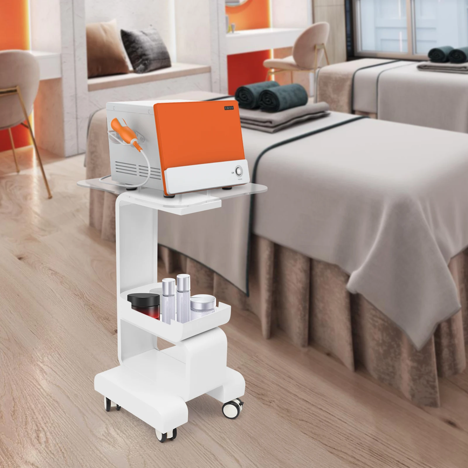 Carrello per salone cosmetico Carrello per posizionamento attrezzature per salone di bellezza Tavolo per attrezzature mobile con pannello in vetro, cestino portaoggetti, bianco