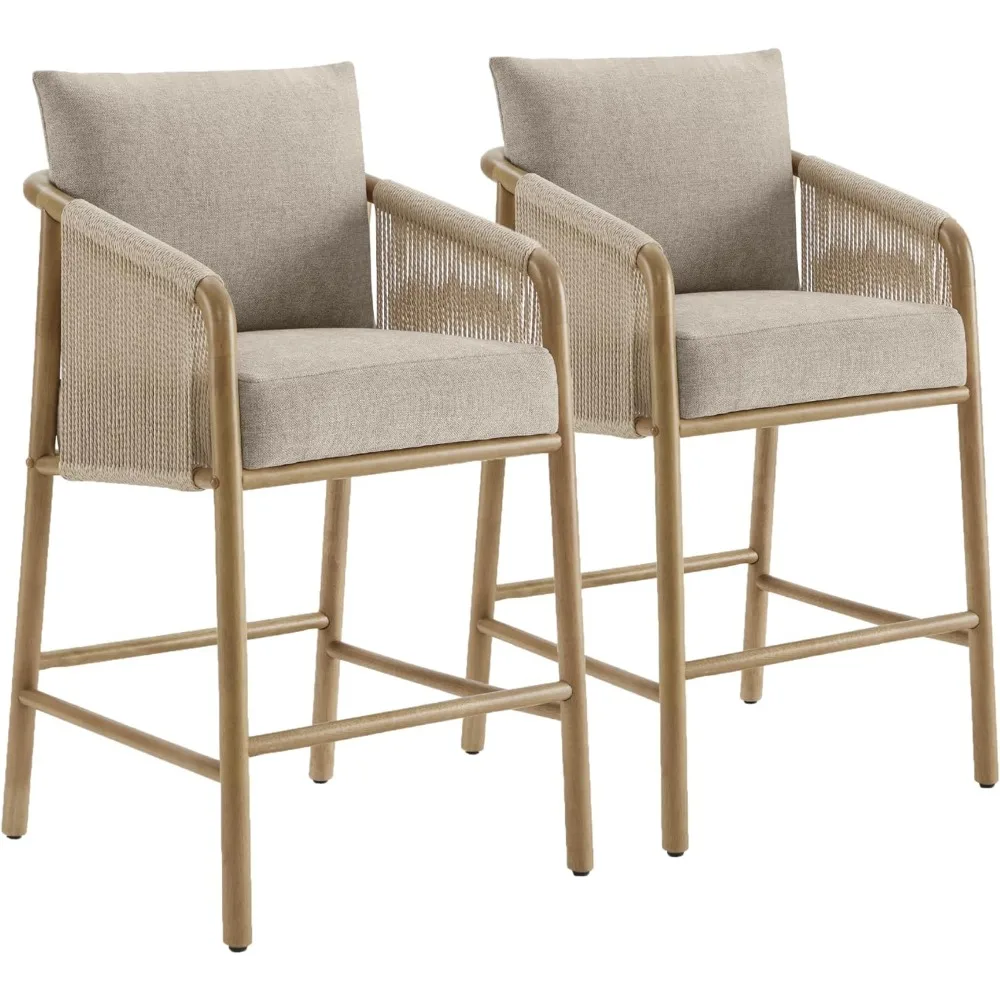 Paper Cord Braid Counter Height Barstools Set of 2, Fabric Upholstered Woven Rope Counter Stools with Back and Armrest for Kitc