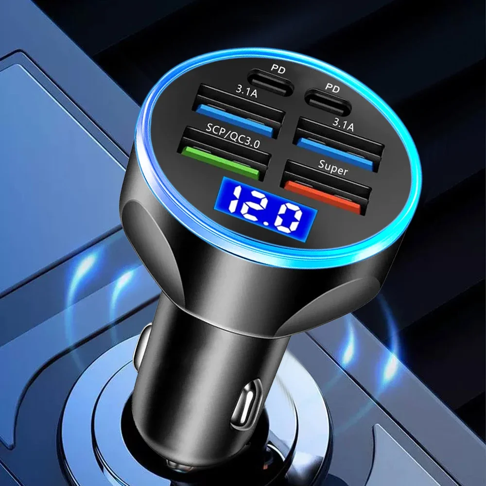 66-250W PD 6in1 Car Charger QC3.0 Fast Charge with Digital Display Universal Cigarette Lighter Adapter for iPhone Samsung Xiaomi