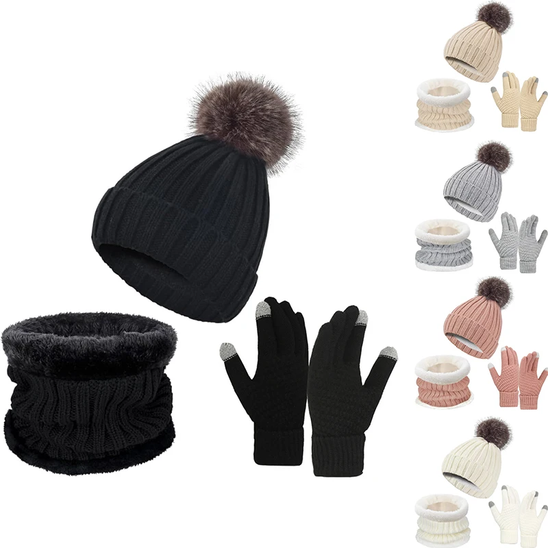 Mütze Schal Touchscreen Handschuhe Dreiteiliges Set Winter Strickmütze Verdicktes warmes Set